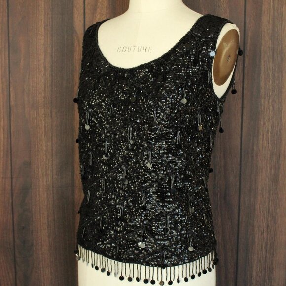 Vintage 1960s Sweater Top, Volup Orbach's Black Wool Beaded and Sequined Vest - Picture 7 of 11